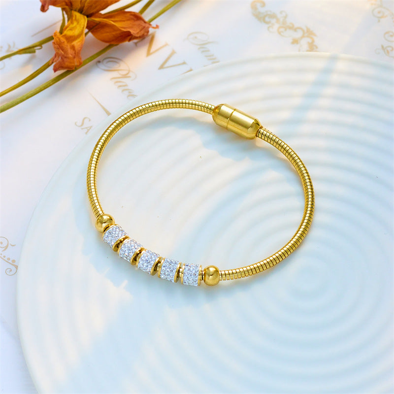 Minimalist Titanium Steel Bracelet with Magnetic Clasp and Rhinestone Accents for Women