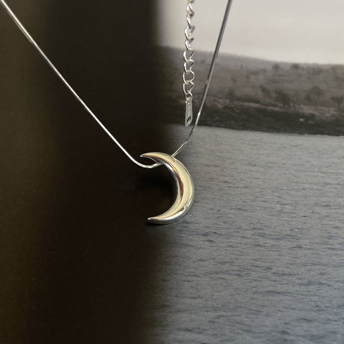 Collana Pendente Luna Minimalista in Argento Sterling 925 con Accento Geometrico