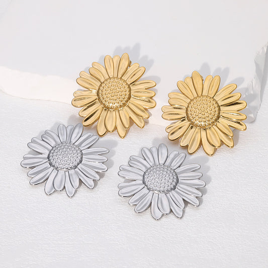 Sweet and Fresh Sunflower-Shaped Earrings in Stainless Steel with 18K Gold Plating for Women