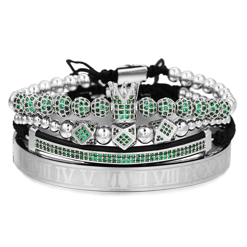 Fashion Unisex Micro-pave Cubic Zirconia Crown Ball Geometric Titanium Steel Bracelet Set