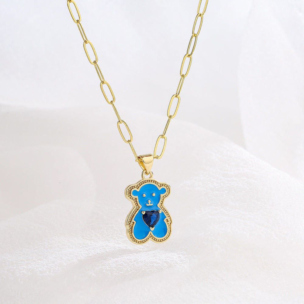 Minimalist Heart-Shaped Bear Pendant Necklace for Women with Copper Base Plated in 18K Gold and Enamel Finish Featuring Cubic Zirconia Accents