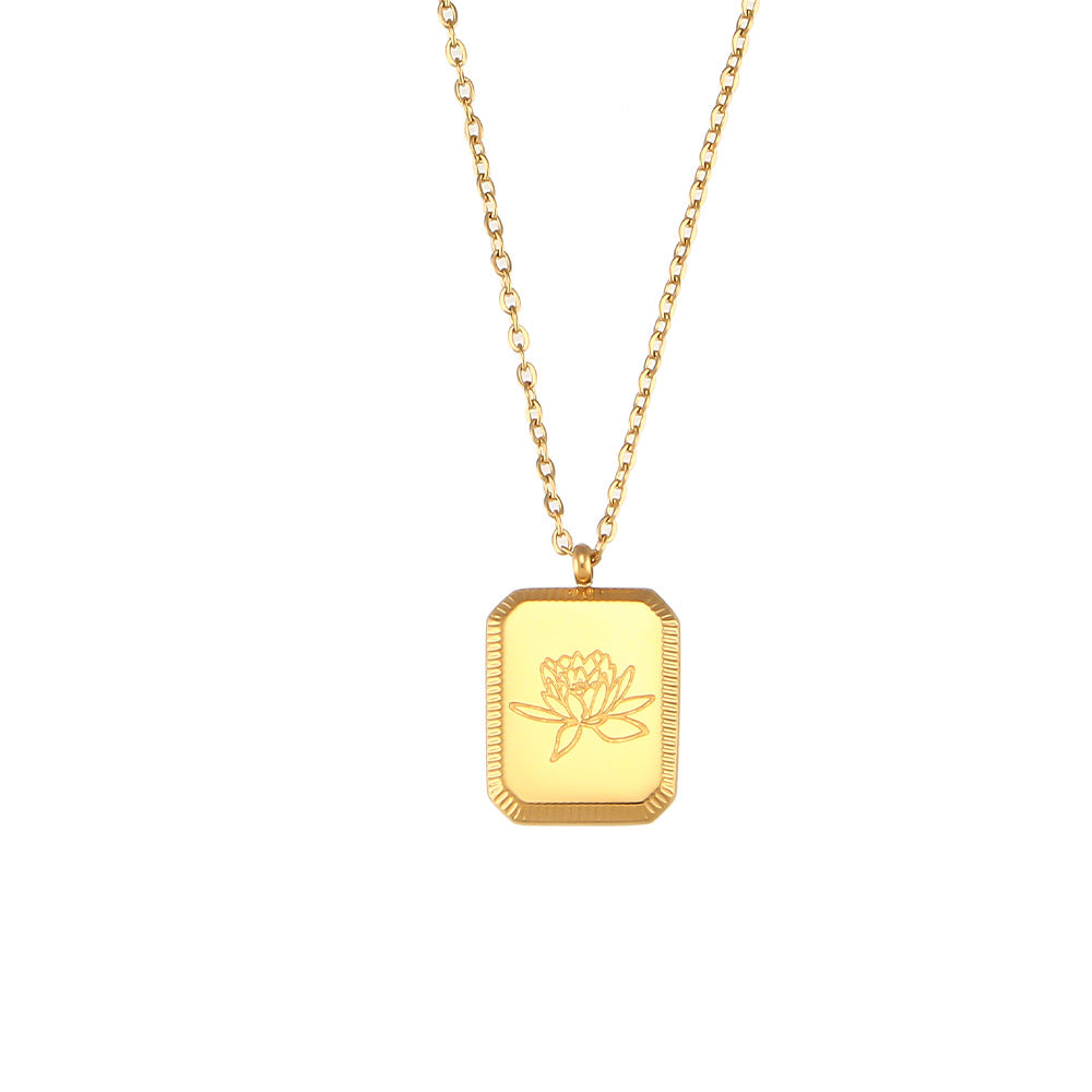 Fashionable Floral Embossed Square Pendant Necklace for Women in Stainless Steel with Plated Finish