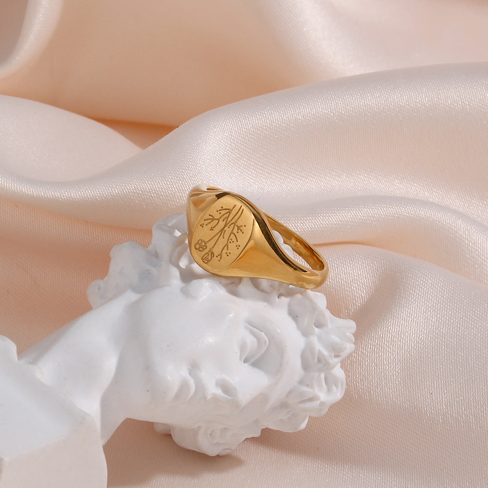 Anello da donna alla moda in acciaio inossidabile a forma di girasole con finitura galvanica e motivo lavanda inciso