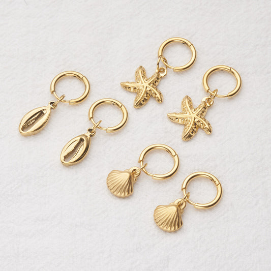 Pendientes minimalistas geométricos de estrella de mar y concha en acero inoxidable con acabado chapado para mujer