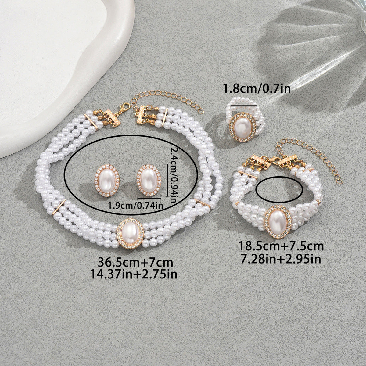 Geometric Style Alloy Necklace Earrings Bracelet Set with Rhinestone Inlay and Pearl Chain for Women