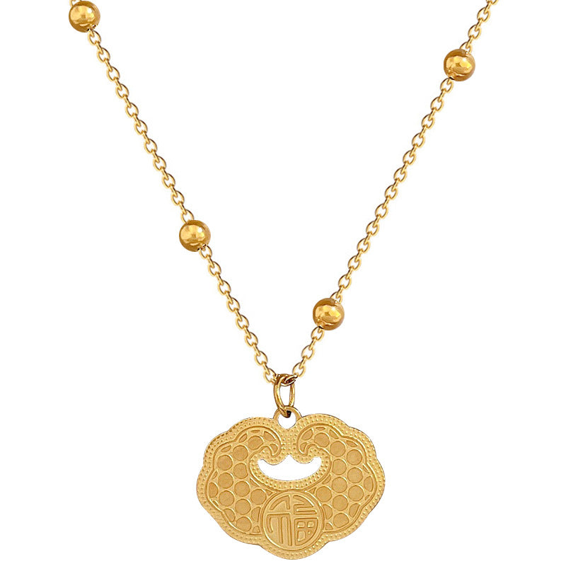 Collana con ciondolo minimalista in acciaio al titanio a forma di nuvola e carattere Fu, placcata oro, con delicata catena a clavicola, da donna