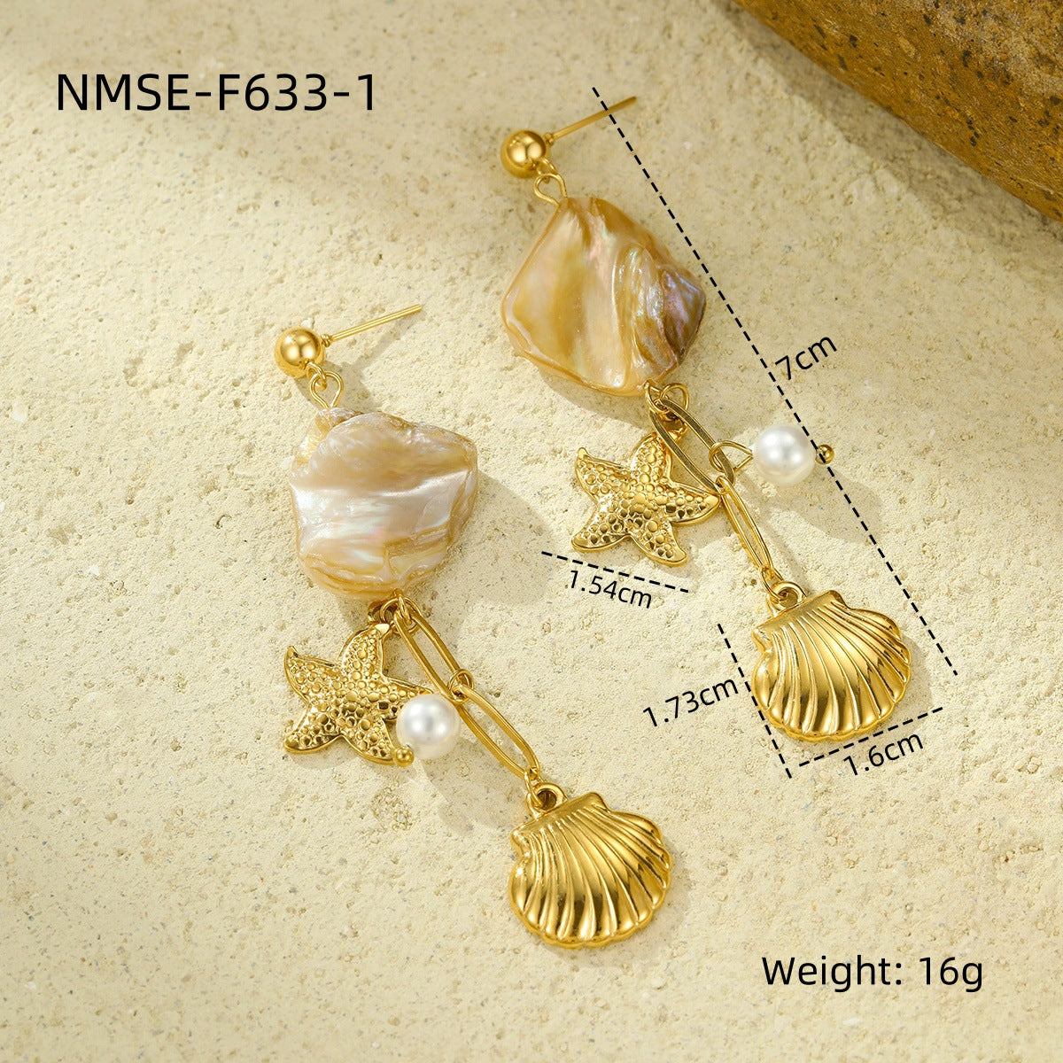 Pendientes de acero de titanio con forma de concha y estrella de mar estilo vacaciones con acabado chapado y detalles de perlas colgantes para mujer