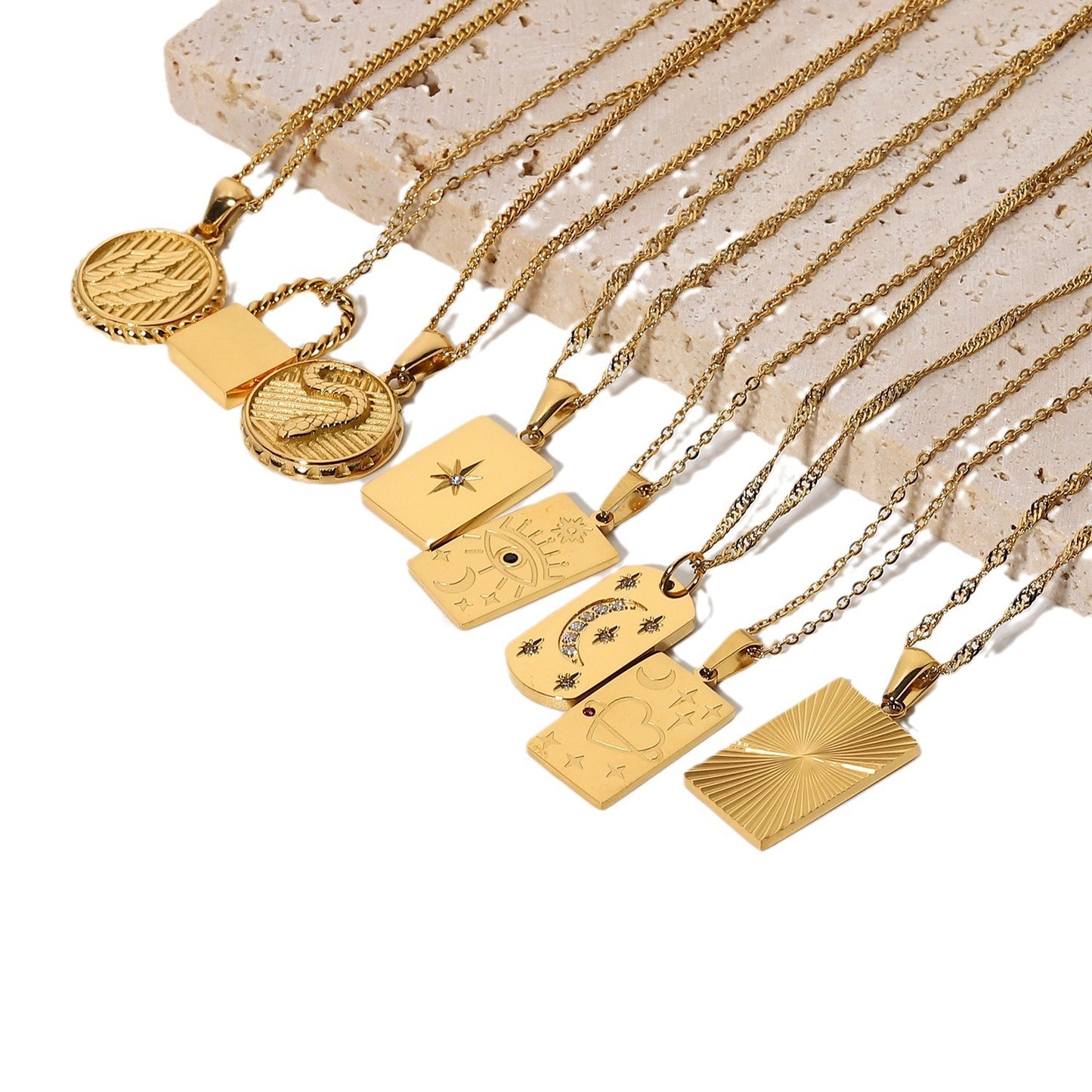 Collar con colgante cuadrado de tarot geométrico de moda, chapado en oro de 18 quilates, acero inoxidable, cadena de cuentas multicapa, joyería