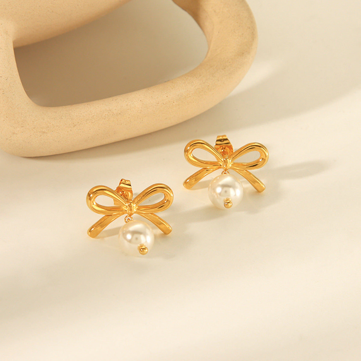 Ins Style 18K Gold Plated Stainless Steel Bow Knot Pearl Drop Earrings for Women