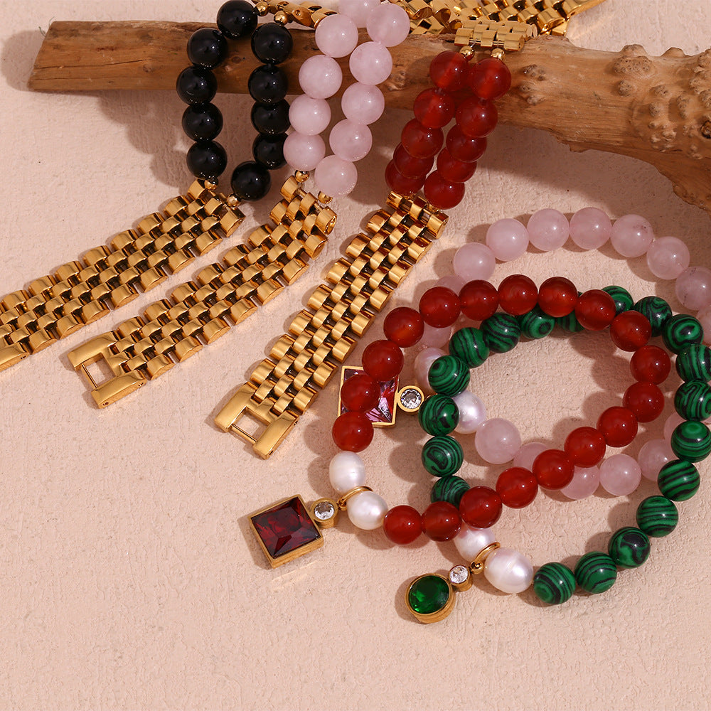 Bracciale da donna alla moda in acciaio inossidabile placcato oro 18 carati, con perline di pietra naturale e zirconi geometrici