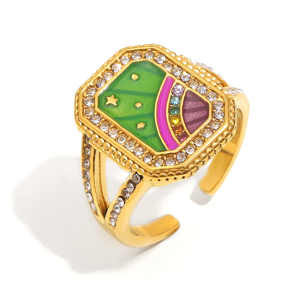 Anello da donna in acciaio inossidabile con placcatura in oro 18 carati e finitura smaltata, stile geometrico francese vintage