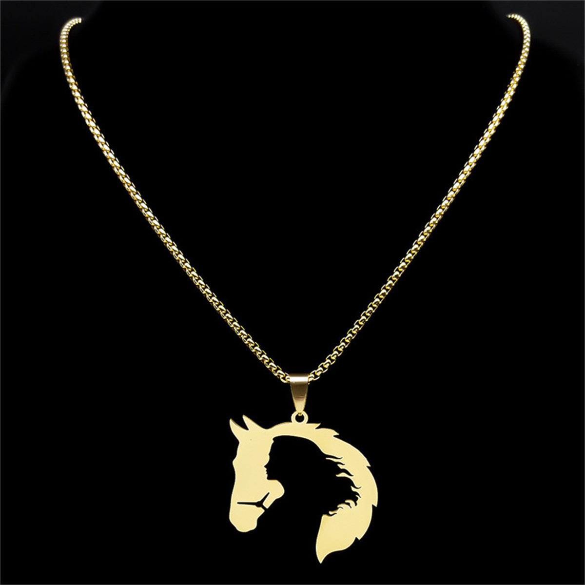 Minimalist Geometric Horse Head Pendant Necklace for Women Stainless Steel with Plated Finish Sweater Chain