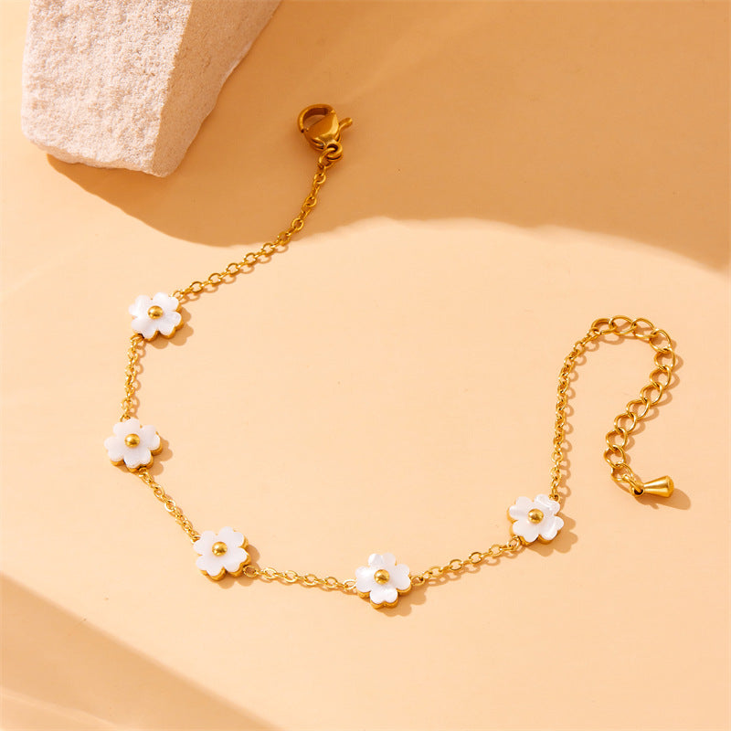 Set di gioielli da donna vintage con fiori e conchiglie bianche, in acciaio inossidabile placcato, con bracciale, orecchini e collana a catena regolare