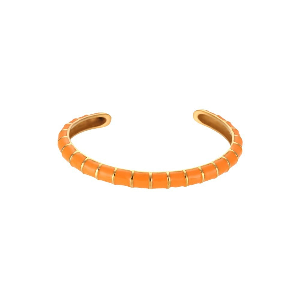 Minimalist Geometric Caterpillar-Shaped Stainless Steel Plated 18K Gold Enamel Open Bangle Bracelet for Women