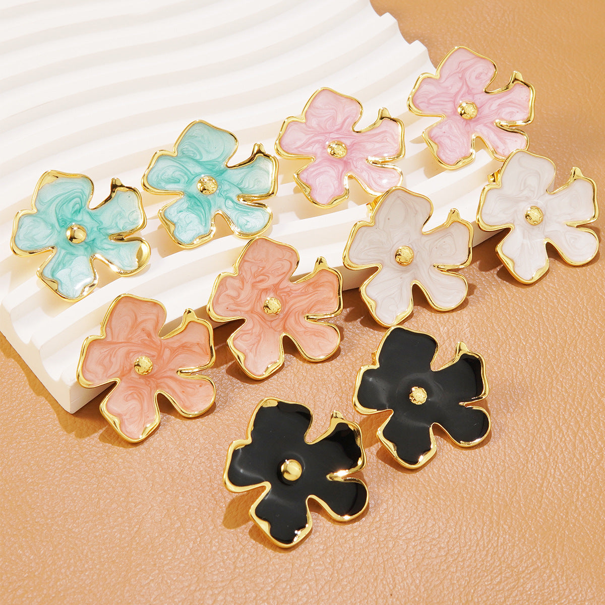 Minimalist Colorful Drip Oil Plated Stainless Steel Floral Stud Earrings
