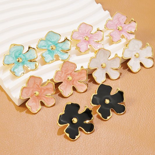 Minimalist Colorful Drip Oil Plated Stainless Steel Floral Stud Earrings