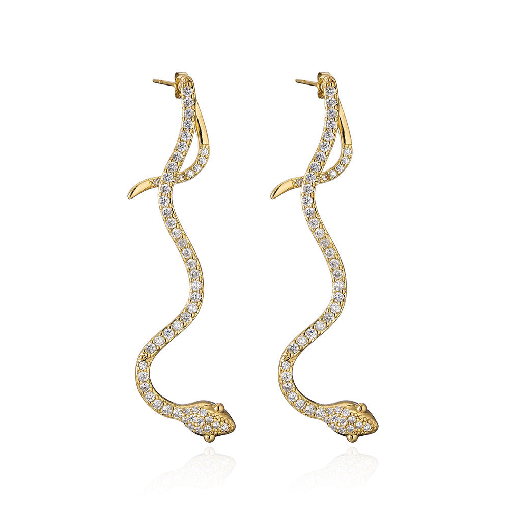 Ins Style Geometric Snake Shape Copper Earrings for Women with 18K Gold Plating and Zircon Inlay
