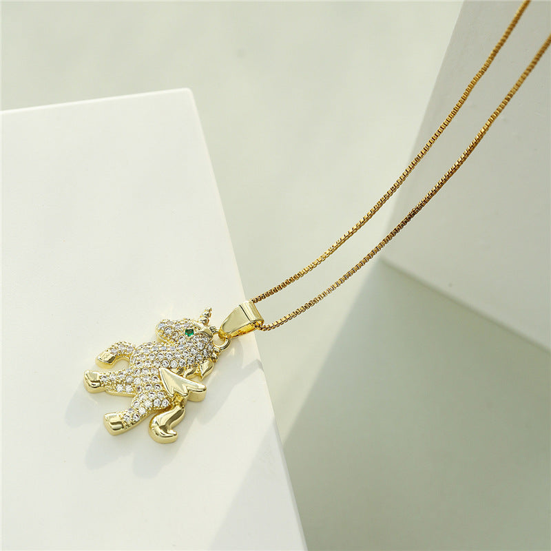 Geometric Brass Unicorn Pendant Necklace with Cubic Zirconia Inlay Gold Plated Box Chain
