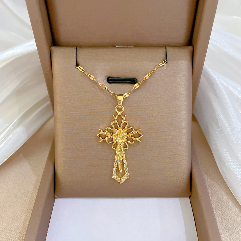 Minimalist Cross Pendant Necklace for Women in Titanium Steel with Micro-Pavé Rhinestones on Cross Chain