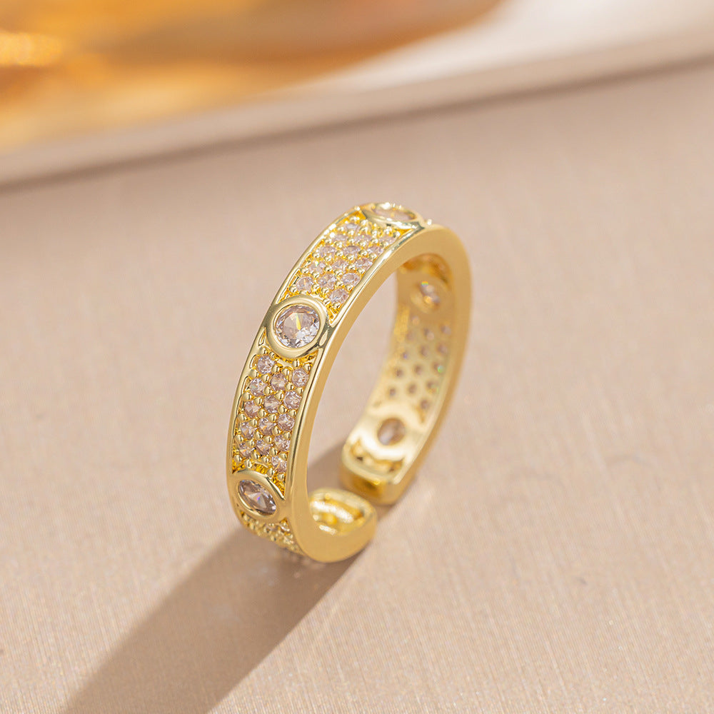Luxury Minimalist Adjustable Open Ring for Women with Gold-Plated Copper Band and Zircon Stone Accent in Heart and Floral Shape