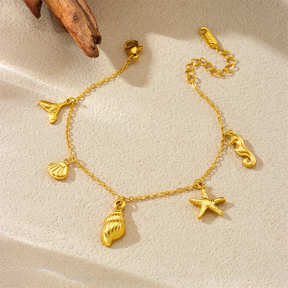 Fashion Ocean-Themed Pendant Set with Starfish and Seashell Motifs Stainless Steel Plated Necklace and Bracelet for Women
