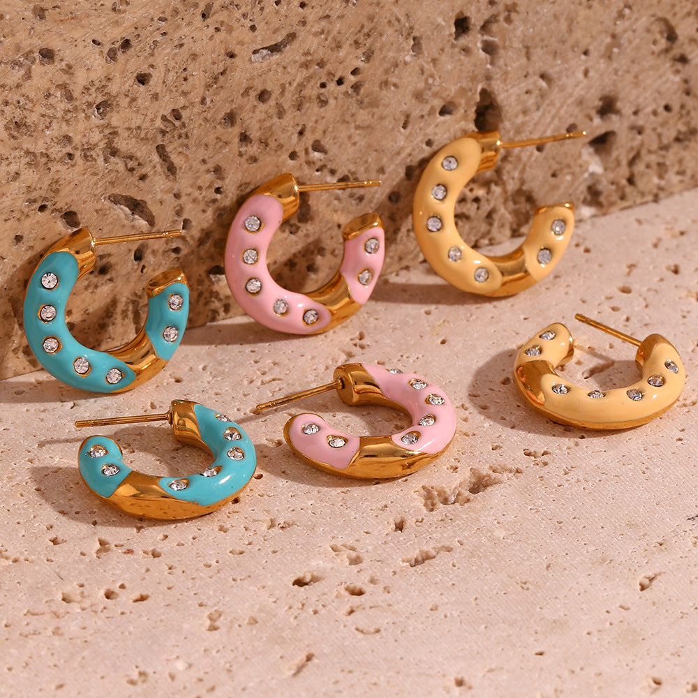 Orecchini a cerchio da donna geometrici alla moda in acciaio inossidabile placcati oro 18 carati smaltati con strass a forma di ciambella