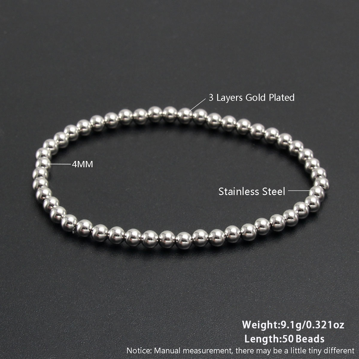 Gold Plated Stainless Steel Ball Chain Bracelet Unisex Elastic Beaded Hand String