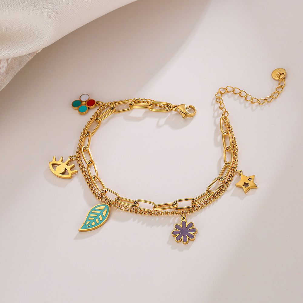 Fashionable Geometric Titanium Steel Double-Layer Bracelet for Women with Gold Plating and Irregular Elephant Eye Floral Leaf Design