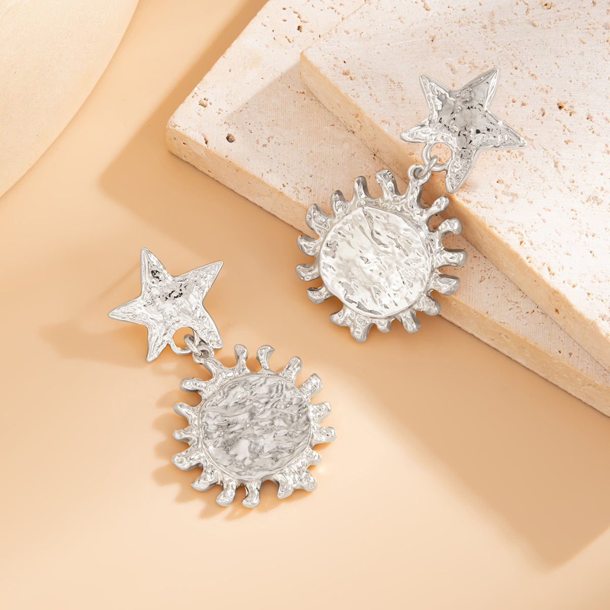 Minimalist Star-Shaped Alloy Pendant Stud Earrings with Liquid Hammered Texture and Floral Leaf Motif for Women