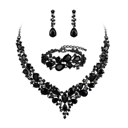 Elegante Conjunto de Collar, Pendientes y Pulsera con Colgante de Pedrería y Diseño Floral en Forma de Gota de Agua para Mujer, con Base de Aleación y Acabado Chapado