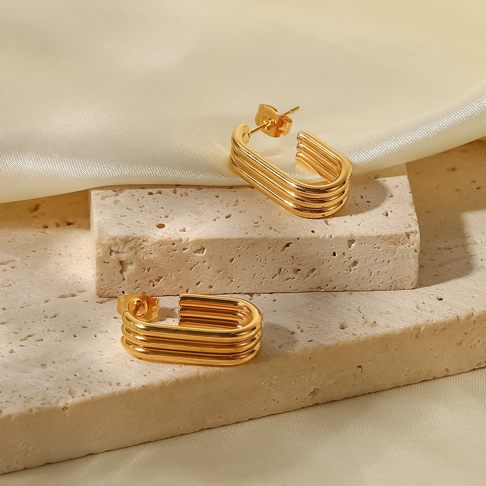 Minimalist Geometric Stainless Steel Earrings with 18K Gold Plating Triple U-Shaped Hoop Design