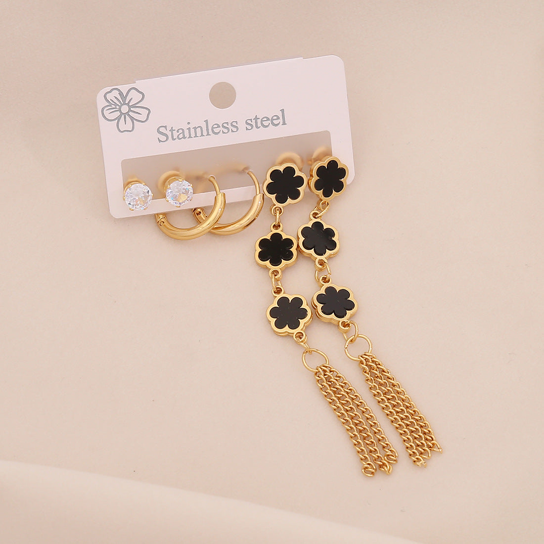Fashionable OL Style Heart-Shaped Titanium Steel Earrings Set with Electroplated Finish and Floral Six-Petal Flower Design for Women