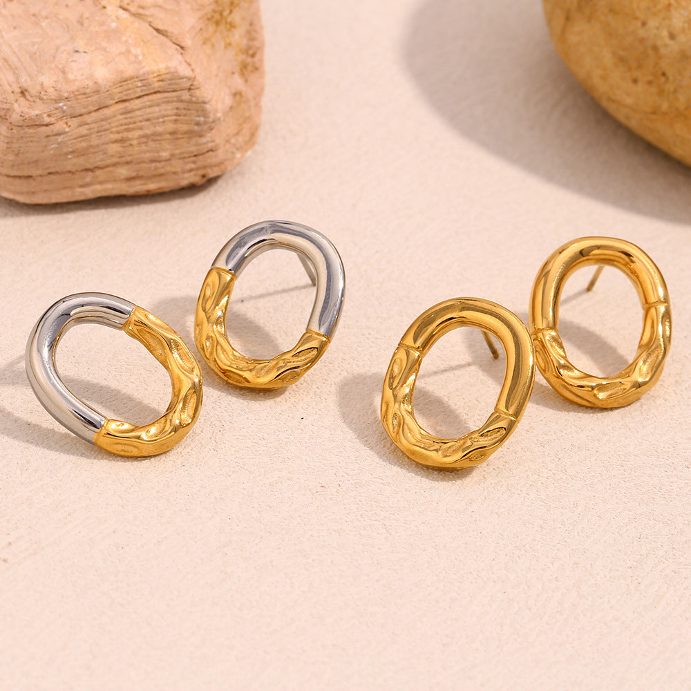 Minimalist Modern Geometric Stainless Steel Ear Studs with 18K Gold Plating Irregular Oval Design