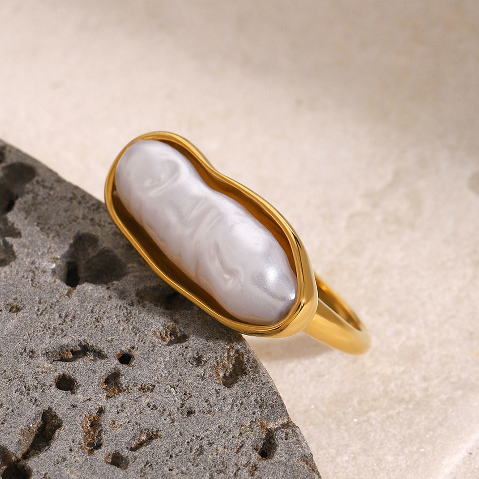 Anello da donna minimalista geometrico in acciaio inossidabile con intarsio di perle, fascia di lusso galvanizzata