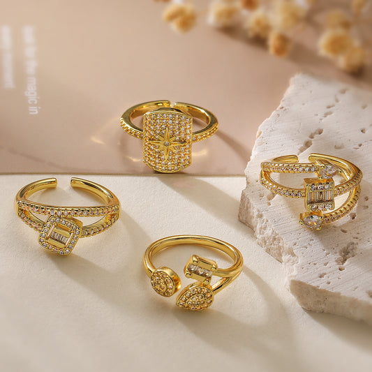 Anello Aperto Geometrico Irregolare Minimalista da Donna in Ottone con Placcatura in Oro e Zircone