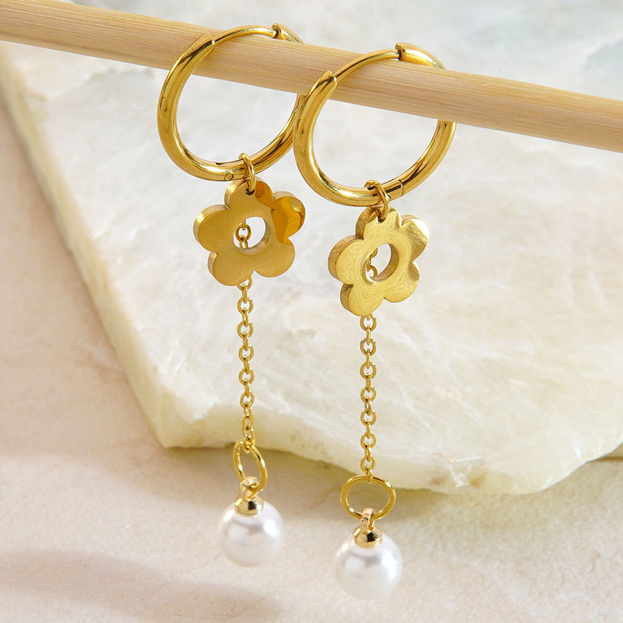 Orecchini pendenti da donna eleganti e dolci con perle, placcati in acciaio inossidabile, con forme geometriche e floreali