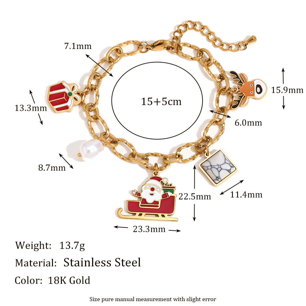 Bracciale da donna in acciaio inossidabile placcato oro 18 carati, con simpatici Babbo Natale e renne in stile cartone animato