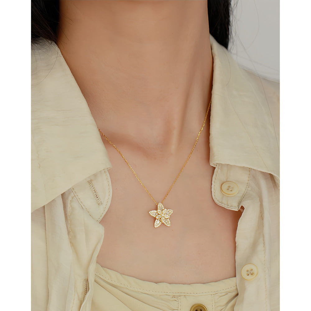 Luxury 925 Sterling Silver Paved Cubic Zirconia Star Pendant Necklace with Cable Chain for Women