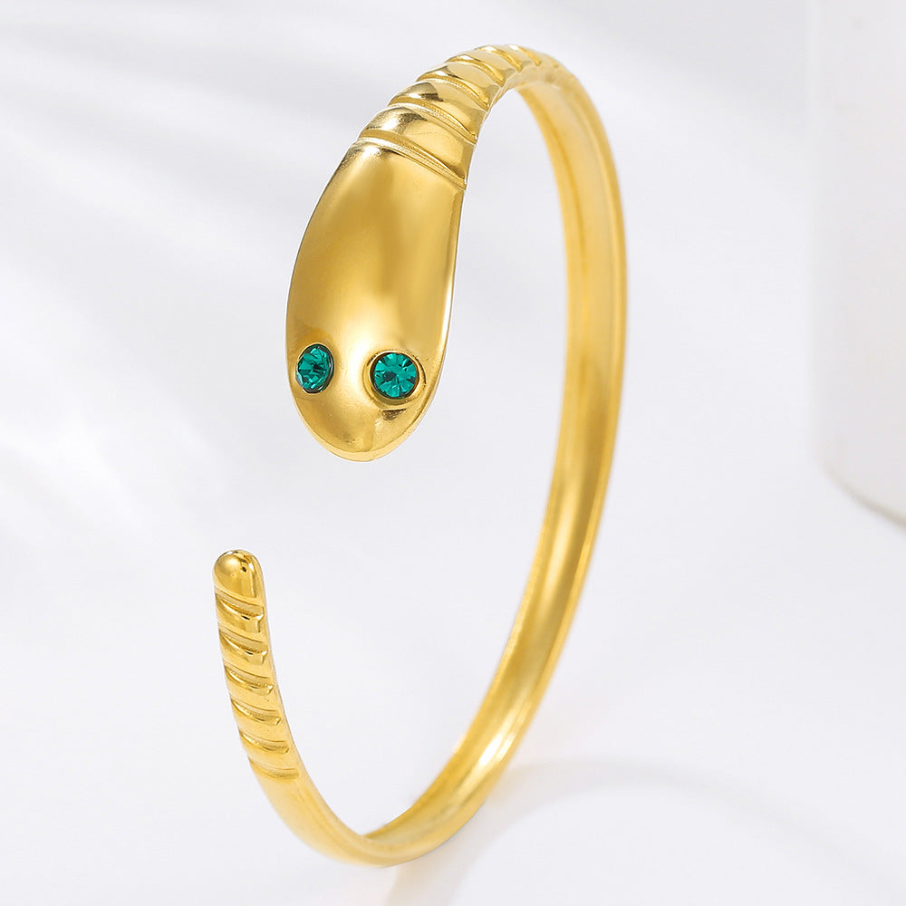 Minimalist Luxury Snake Shape Stainless Steel Plated Rhinestone Open Cuff Bracelet for Women