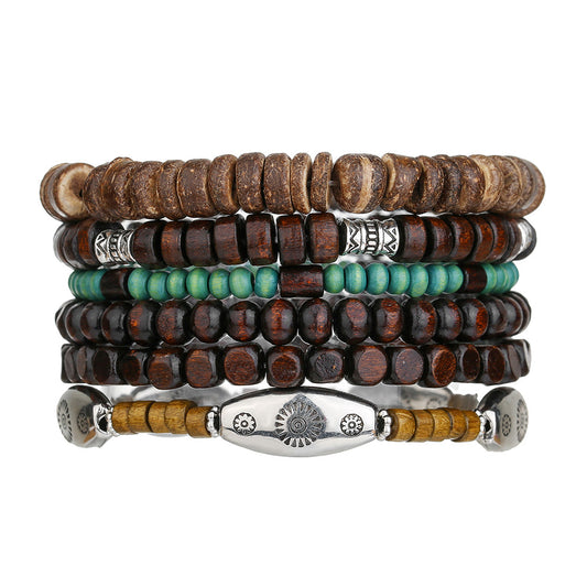 Vintage Hip-hop Round Wood Bead Alloy Multi-layer Stretch Bracelet Set