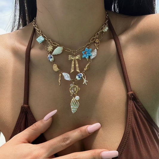 Casual Stainless Steel Plant Animal Pendant Necklace Titanium Steel Plated Summer Beach Jewelry for Women
