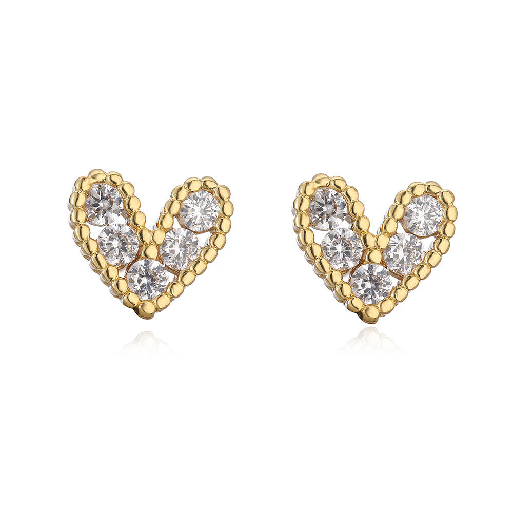 Minimalist 18K Gold Plated Brass Heart Stud Earrings with Cubic Zirconia for Women