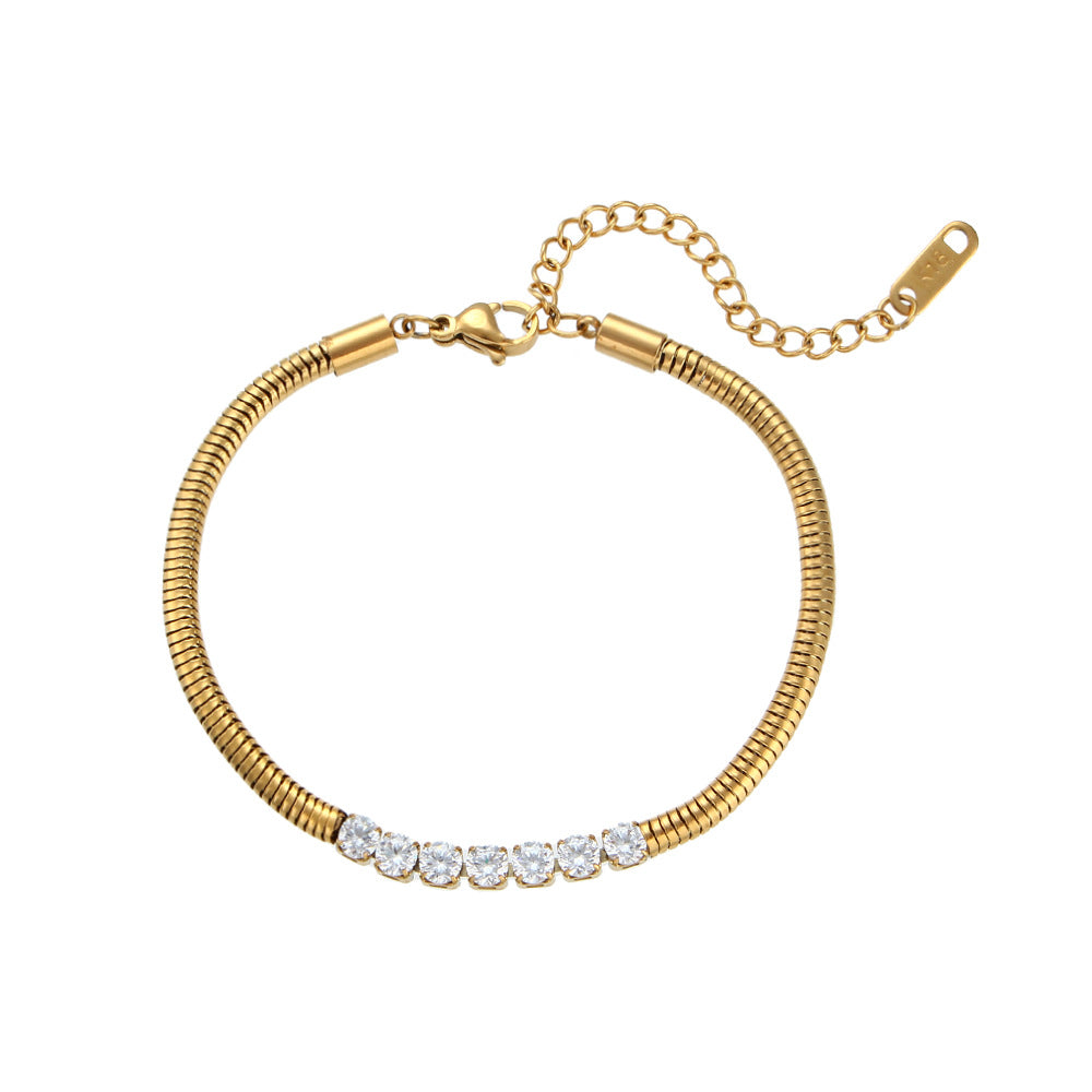 Bracciale da donna in acciaio inossidabile placcato oro 18 carati, con perline micro-incastonate e catena, stile geometrico alla moda