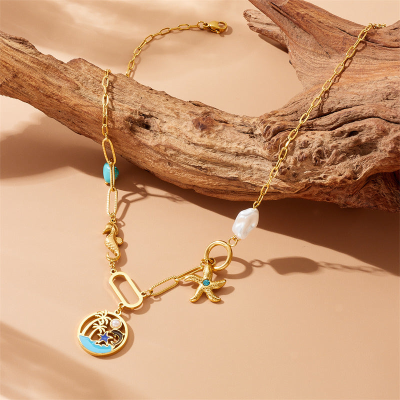 Fashion Elegant Stainless Steel Plated Ocean Animal Pendant Double Layer Beaded Necklace and Bracelet Set for Women