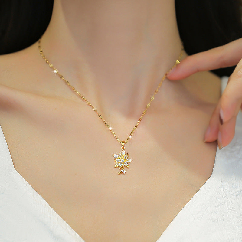 Luxury Titanium Steel Geometric Floral Pendant Necklace with Rhinestone Inlay for Women and Men