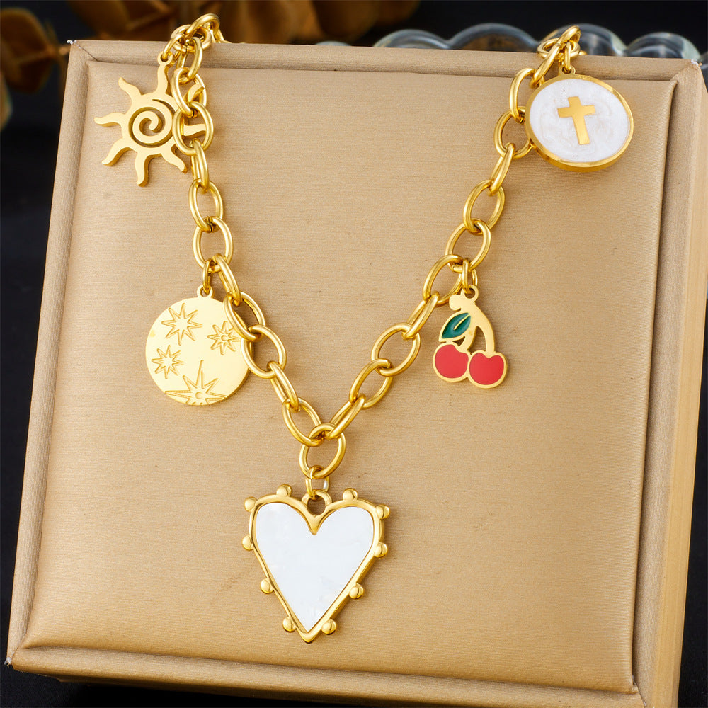 Vintage Elegant Heart Bow Cross Floral Stainless Steel Plated Necklace for Women