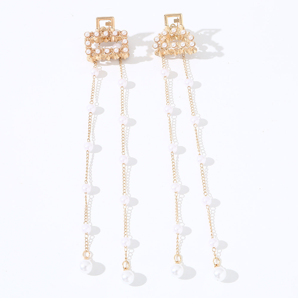 Sweet Elegant Asymmetrical Pearl Hair Clip with Tassel Metallic Hair Accessory for Girls