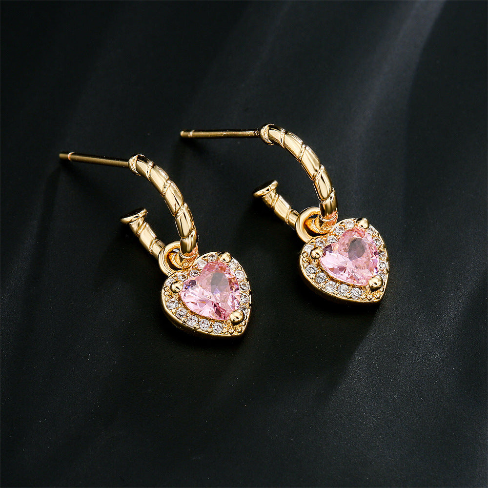 Geometric Heart-Shaped Copper Earrings with 18K Gold Plating and Four-Color Cubic Zirconia for Women