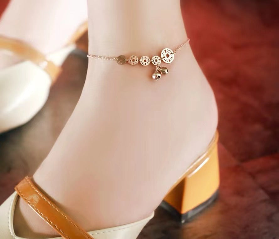 Vintage Coin Bell Anklet 18K Plated Titanium Steel Minimalist Foot Jewelry for Women