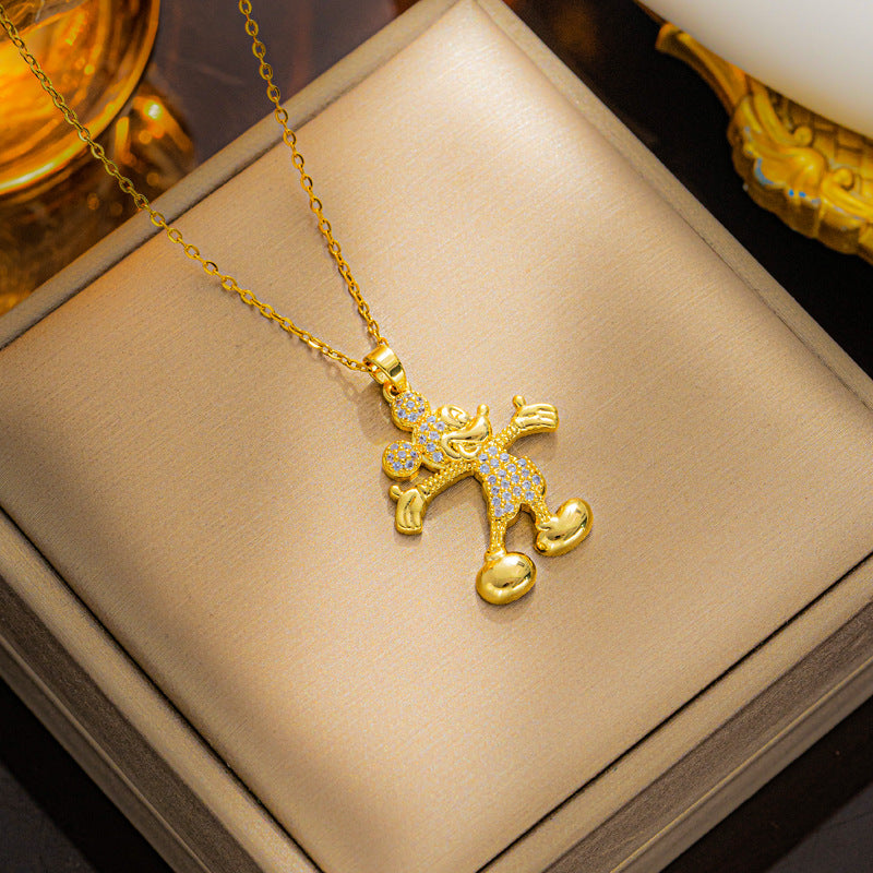 Collar con colgante de ratón geométrico minimalista para mujer, de acero de titanio con incrustaciones de diamantes de imitación y acabado chapado en cadena tipo O